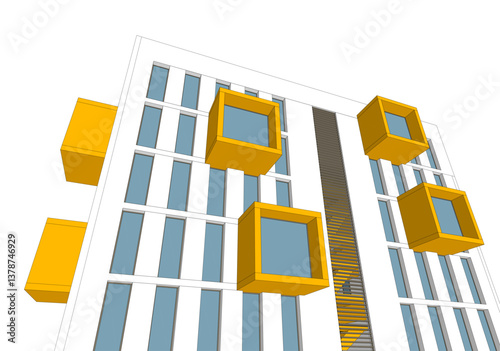Modern architectural facade with geometric cube balconies, white building with yellow elements