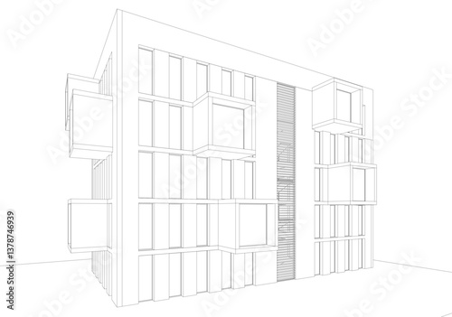 Modern architectural facade with geometric cube balconies, white building with cube elements