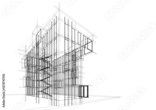 Modern architectural facade with geometric cube balconies, white building with cube elements