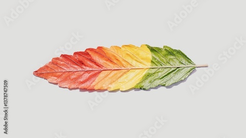 Colorful Leaf Transition from Red to Yellow to Green on Gray Background