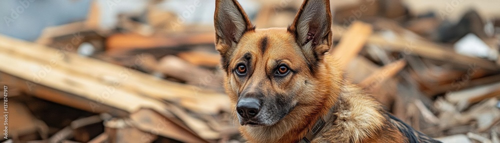 Guide the AI to craft a heartfelt scene of a rescue dog exploring disaster debris Guide the AI to craft a heartfelt scene of a rescue dog exploring disaster debris