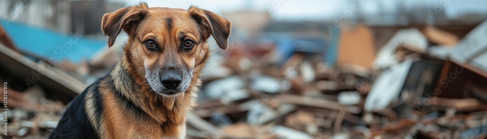 Guide the AI to craft a heartfelt scene of a rescue dog exploring disaster debris Guide the AI to craft a heartfelt scene of a rescue dog exploring disaster debris