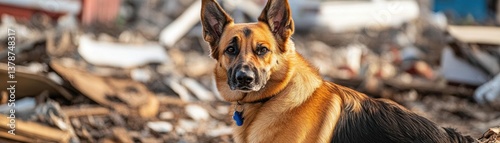 Imagine a rescue dog signaling amidst destruction photo