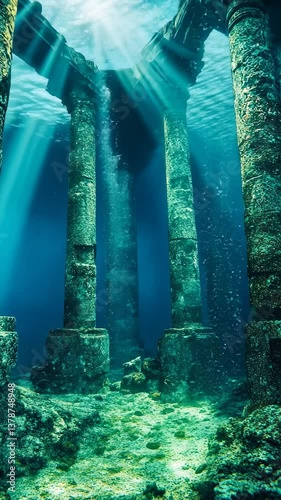 Ancient underwater ruins with sunlight streaming through pillars in a tranquil ocean setting