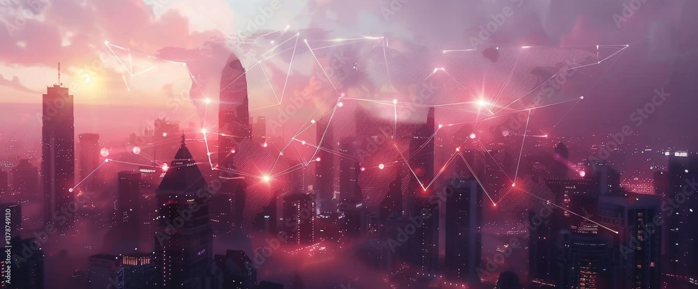 Fototapeta premium Double exposure of abstract digital world map hologram with connections on modern skyscrapers background, research and strategy concept