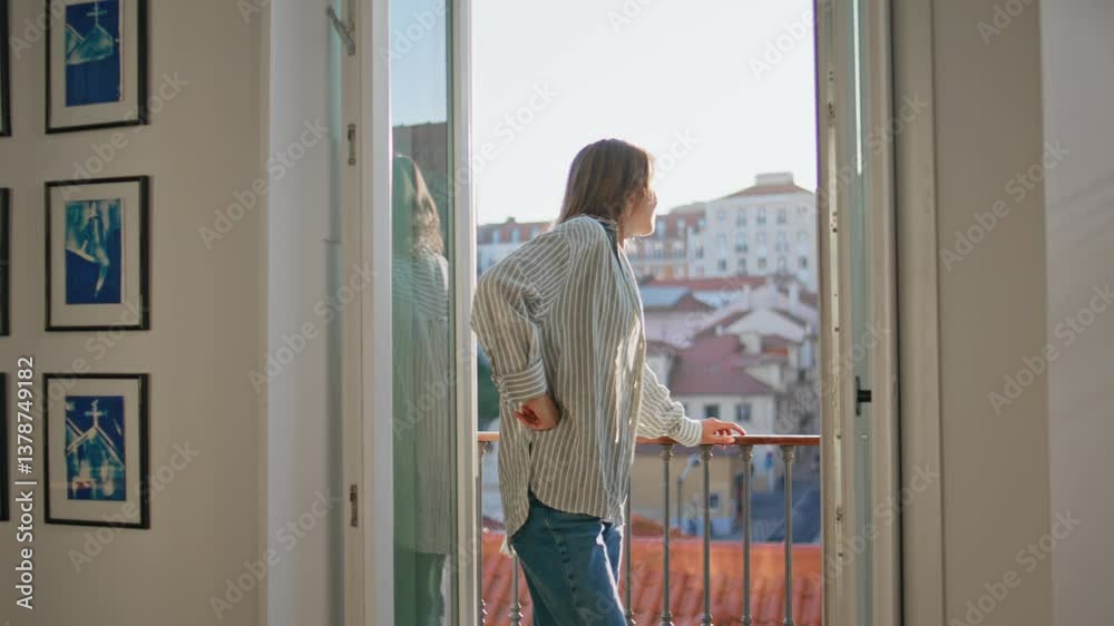 Contemplative woman standing balcony enjoying evening view. Serene girl resting Contemplative woman standing balcony enjoying evening view. Serene girl resting