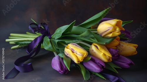 A Stunning Arrangement of Yellow and Purple Blooms Tied with a Rich Purple Ribbon, Celebrating Spring's Beauty and Floral Elegance