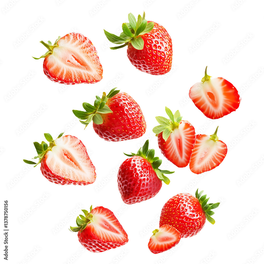 Falling fresh strawberries with slices in mid-air, perfect for vibrant food photography, healthy lifestyle, and fresh fruit-themed visuals, highlighting natural freshness and juiciness. Falling fresh strawberries with slices in mid-air, perfect for vibrant food photography, healthy lifestyle, and fresh fruit-themed visuals, highlighting natural freshness and juiciness.