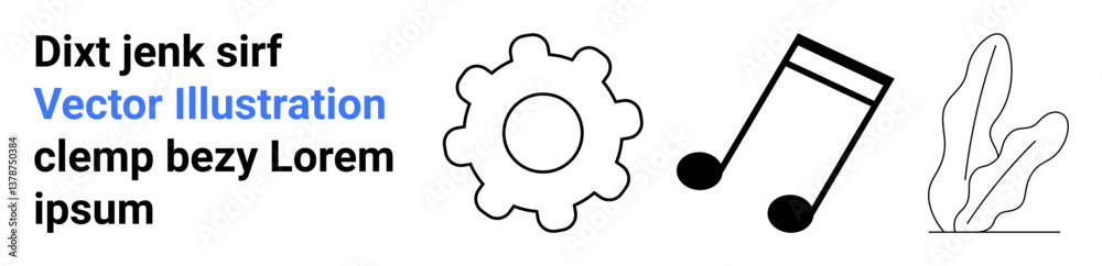 Gear, music note, and abstract plant outline with placeholder text. Ideal for technology, music, nature, creativity, education, innovation or simple landing page Gear, music note, and abstract plant outline with placeholder text. Ideal for technology, music, nature, creativity, education, innovation or simple landing page