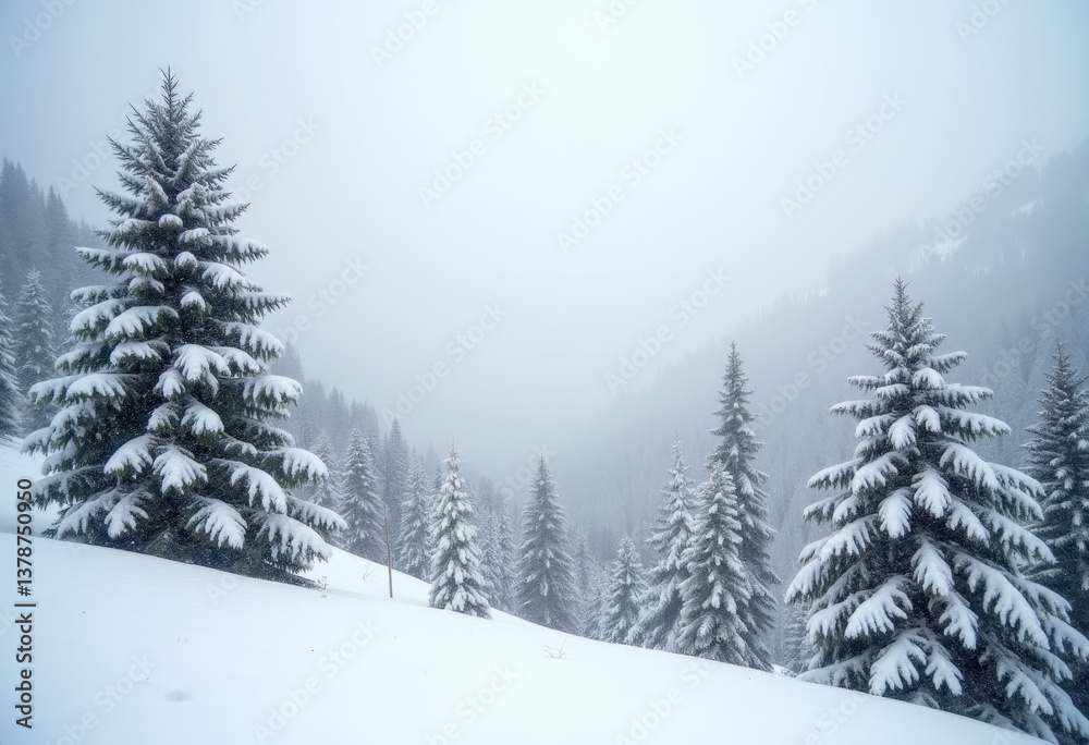 Fototapeta premium Winter wonderland: snow-covered forest in mountain landscape for holiday card design