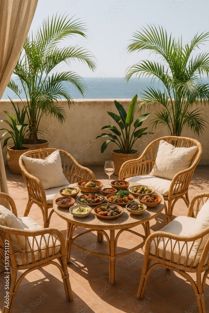 custom made wallpaper toronto digitalAI-generated digital illustration of an elegant terrace lunch setup with wicker chairs, palm plants, and a table full of Mediterranean appetizers. Sunlit coastal vibe, perfect for travel or lifestyle