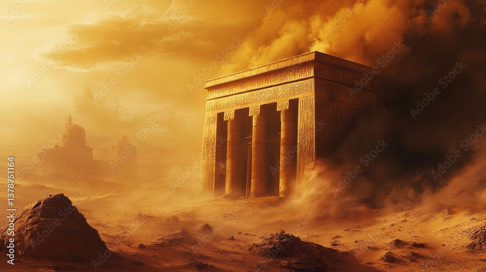 Fototapeta premium Ancient temple ruins stand amidst a swirling desert sandstorm, hinting at a lost civilization