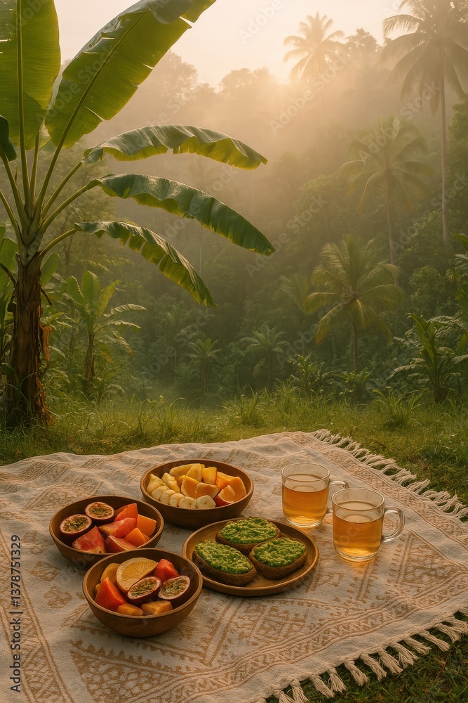 Obraz premium AI-generated digital illustration of a tropical breakfast picnic in the jungle with fresh fruits, avocado toast, and tea on a boho blanket. Warm sunrise light, peaceful and natural style.