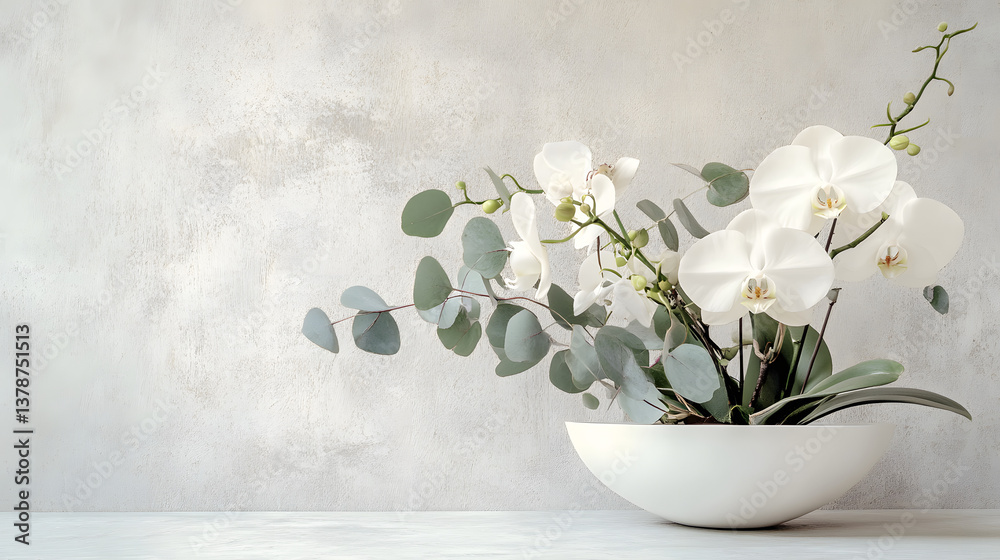 Fototapeta premium A fresh and minimalist floral arrangement of orchids and eucalyptus, designed with clean lines and modern aesthetics for a chic and contemporary look.