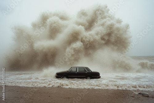 Wave engulfs vehicle during intense storm, creating chaos at coastal location