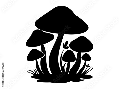 Black Silhouette of Wild Mushrooms with Grass and Plants.