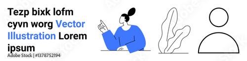 Woman pointing in blue attire next to placeholder text, abstract plant shape, and user profile outline. Ideal for education, profile setup, guides, presentations, branding, social media simple