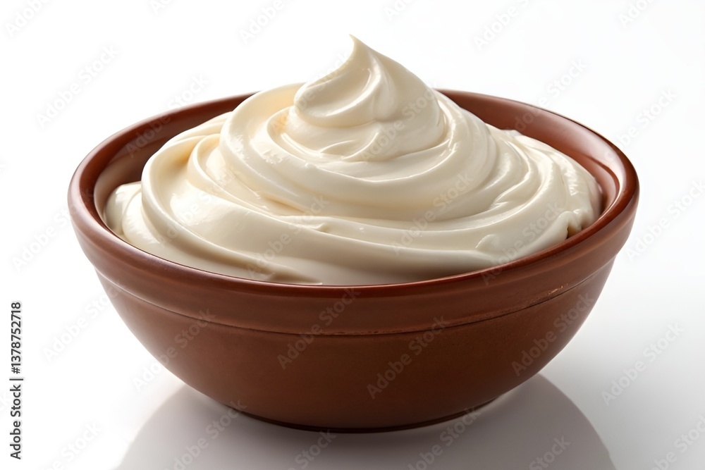 Close-Up of Smooth, Glossy White Yogurt in Brown Ceramic Bowl on White Surface Close-Up of Smooth, Glossy White Yogurt in Brown Ceramic Bowl on White Surface