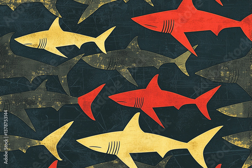 Vintage wallpaper featuring a uniform pattern of small shark silhouettes