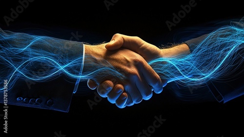Digital handshake with blue glowing connections on a dark background, symbolizing technology and business connection or trust in online business transactions. Ideal for web banner design.