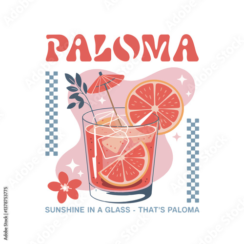 A stylized illustration of a Paloma cocktail in a clear
rocks glass with ice cubes