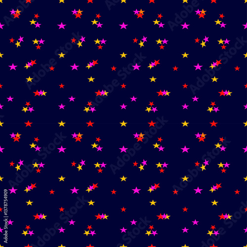 Vibrant neon stars dance across midnight blue, creating a joyful cosmic pattern. Perfect for party decorations, children's products, or festive digital backgrounds.