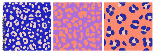 Set of Abstract leopard skin seamless patterns. Animal print vibrant color design. Geometric folklore ornament for background, textile, fabric, packaging, poster, wallpaper. Vector illustration.