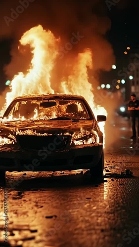 Car engulfed in flames during nighttime urban disturbance in a busy city street