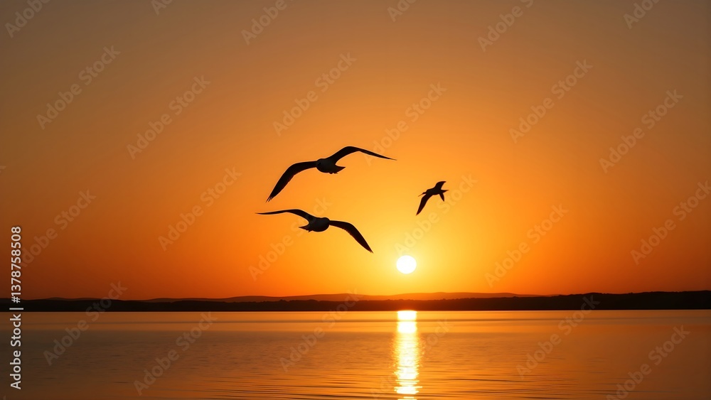 Fototapeta premium Silhouette of birds under the sunset