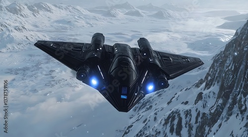 Fototapeta Naklejka Na Ścianę i Meble -  Black space ship is flying through the sky above a snowy mountain range. The blue lights on the ship give it a futuristic appearance