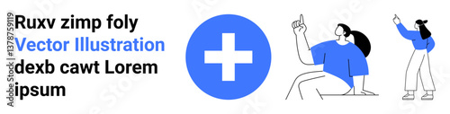 Blue cross at the center, two people gesturing toward ideas, modern typography. Ideal for healthcare, teamwork, communication, brainstorming, design, collaboration simple landing page