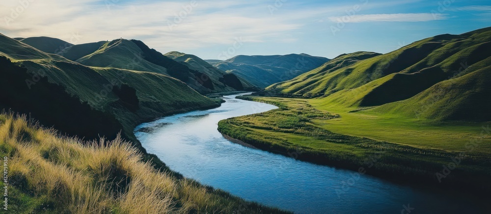 Fototapeta premium A winding river flows between green rolling hills and mountains