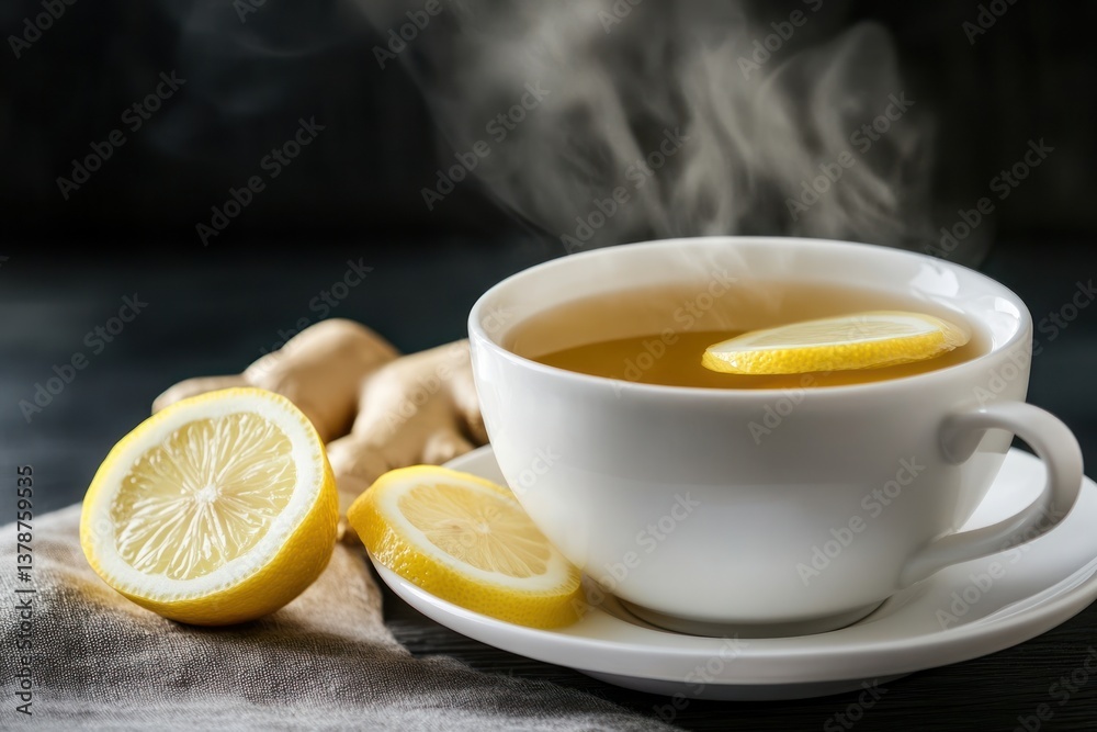 Cup of hot lemon ginger tea with floating lemon slices and steam rising, isolated. Cup of hot lemon ginger tea with floating lemon slices and steam rising, isolated.
