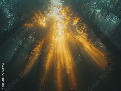 Sunbeams piercing through trees in a misty forest nature photography tranquil environment scenic view