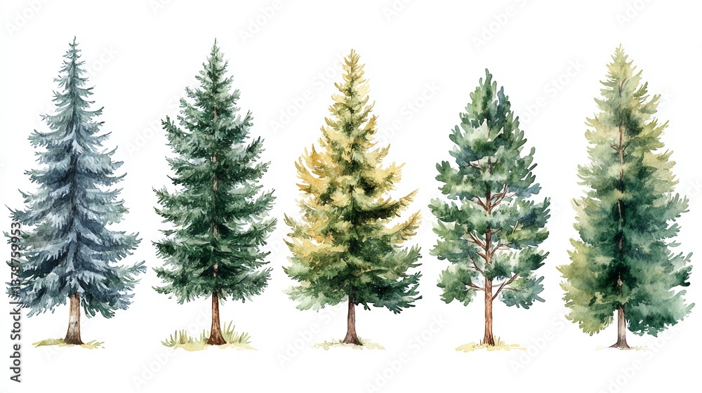 Obraz premium Watercolor Painting of Evergreen Tree Collection with Isolated White Background