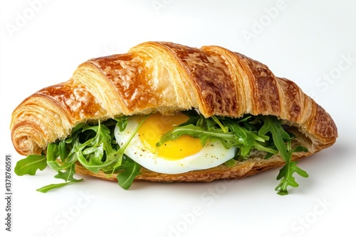 Croissant with a soft-boiled egg and arugula filling, crisp outer layers, isolated.