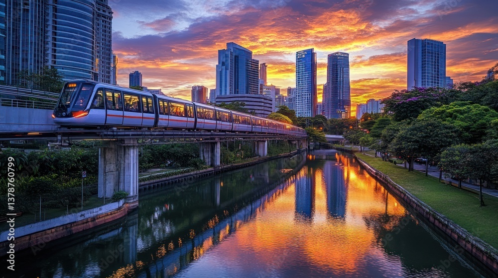 Naklejka premium Modern city monorail gracefully crosses a river at sunset, reflected in water
