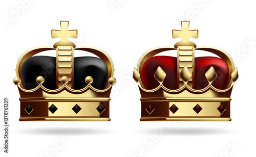 Vector illustration of two golden crowns with velvet in black and red, isolated on a white background. For luxury branding, casino promotions, royalty symbols, exclusive designs, icons, insignias