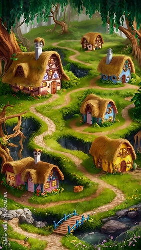 A whimsical and enchanting illustration of a hidden storybook village nestled within a lush, dense forest  