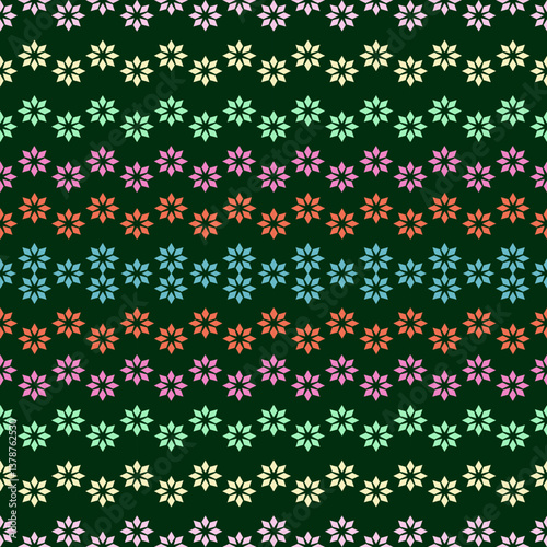 Ethereal floral pattern featuring geometric star-like blossoms in soft pastel hues of cream, mint, pink, coral, and blue. Arranged in delicate horizontal rows against a deep emerald background.