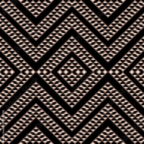 Sophisticated geometric pattern featuring nested diamond shapes with a textured, three-dimensional mosaic effect. Alternating black and cream-toned triangular elements create an optical delusion 