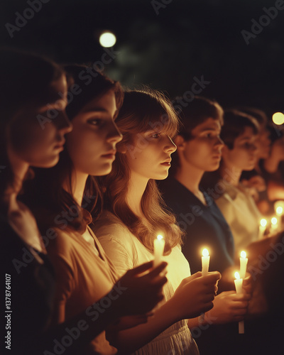 Photograph of a group of people holding candles in silence at a memorial service in honor of the Kent State victims