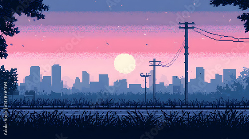 Pixel Art Cityscape at Sunset with Pink Sky Trees and Utility Poles Featuring a Vintage Retro Aesthetic and Urban Background at Dusk