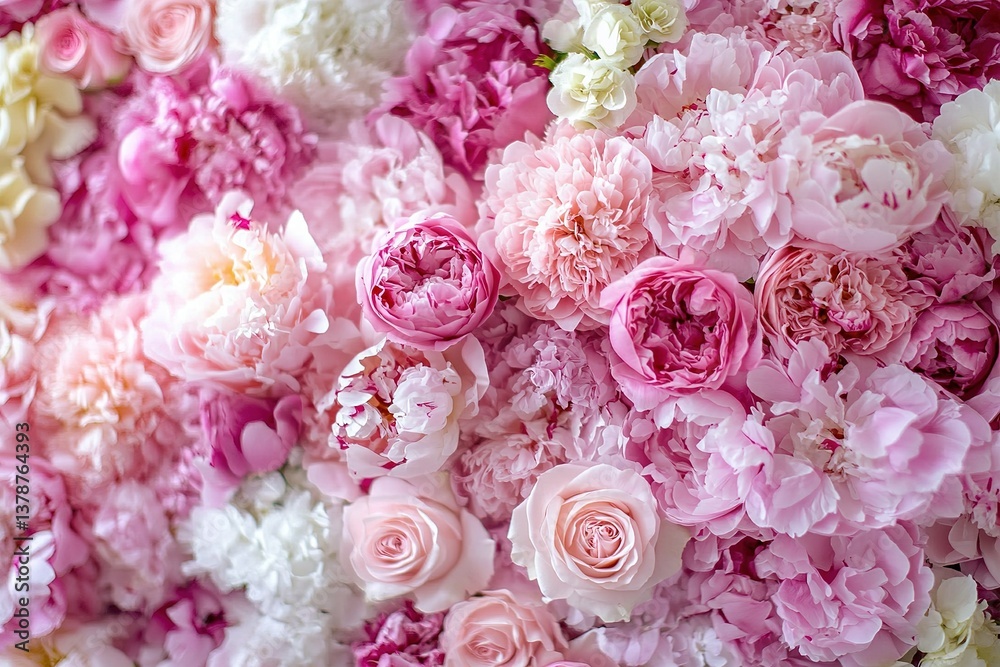 Peonies, roses on pink background with copy space. Abstract natural floral frame layout with text space. Romantic feminine composition. Wedding invitation. International Women day, Mother Day Peonies, roses on pink background with copy space. Abstract natural floral frame layout with text space. Romantic feminine composition. Wedding invitation. International Women day, Mother Day