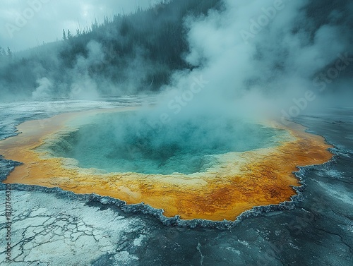 Geyser eruption in yellowstone national park natural landscape vibrant hot spring misty environment aerial view
