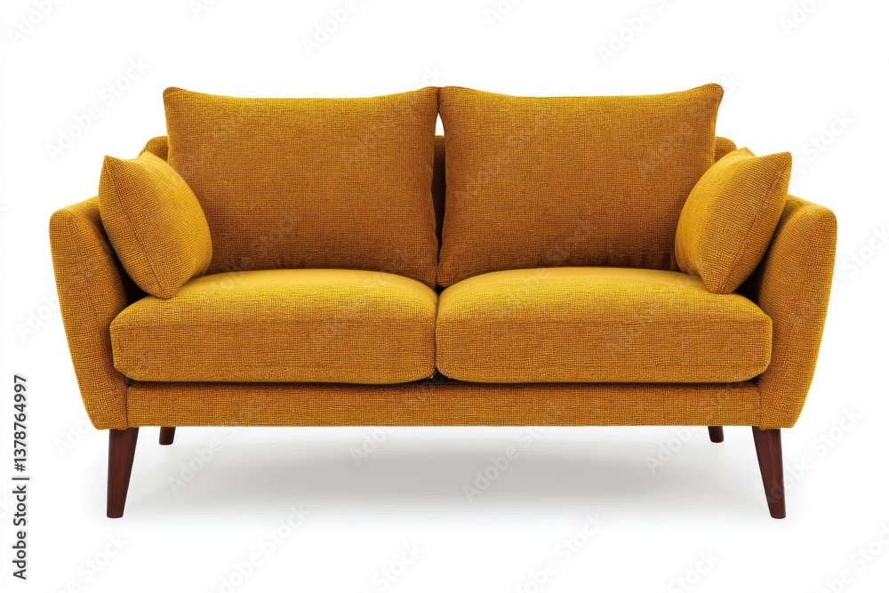 Compact loveseat in mustard yellow fabric, perfect for small spaces, transparent background. Compact loveseat in mustard yellow fabric, perfect for small spaces, transparent background.