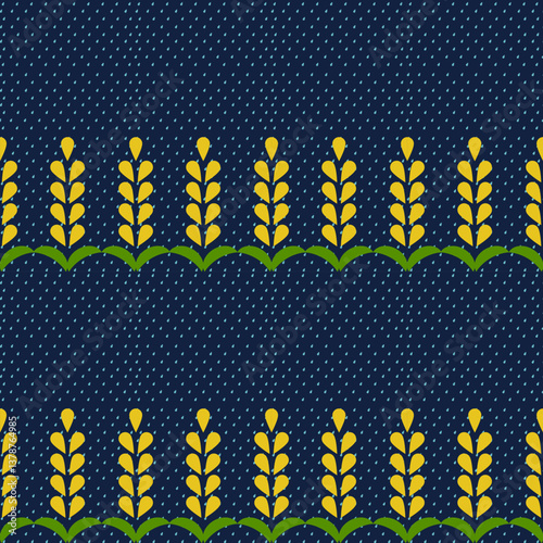 Whimsical botanical pattern featuring stylized yellow leaf motifs with green accents, elegantly cascading across a deep navy background dotted with delicate light blue droplets. 