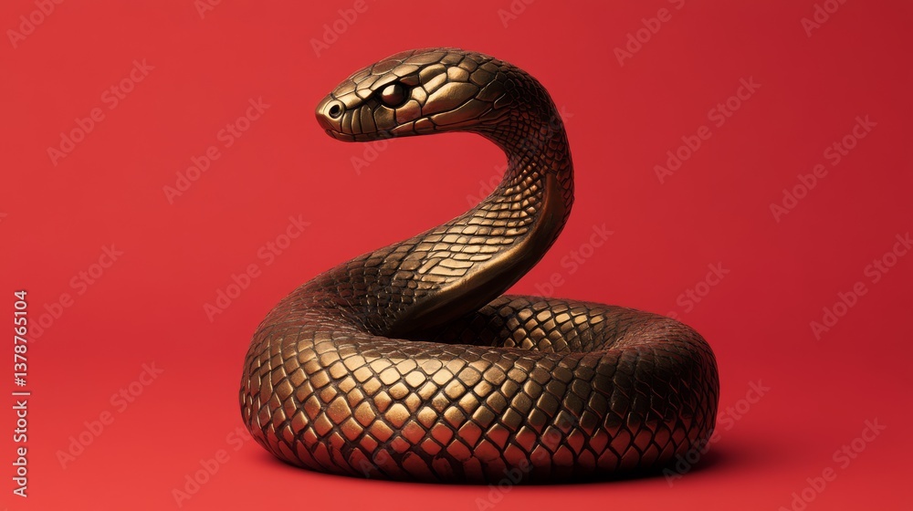 Bronze snake figurine on a red background. The symbol of 2025. Happy Chinese New Year. Bronze snake figurine on a red background. The symbol of 2025. Happy Chinese New Year.