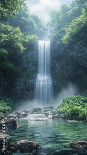 Majestic waterfall surrounded by lush greenery and misty atmosphere in pristine forest