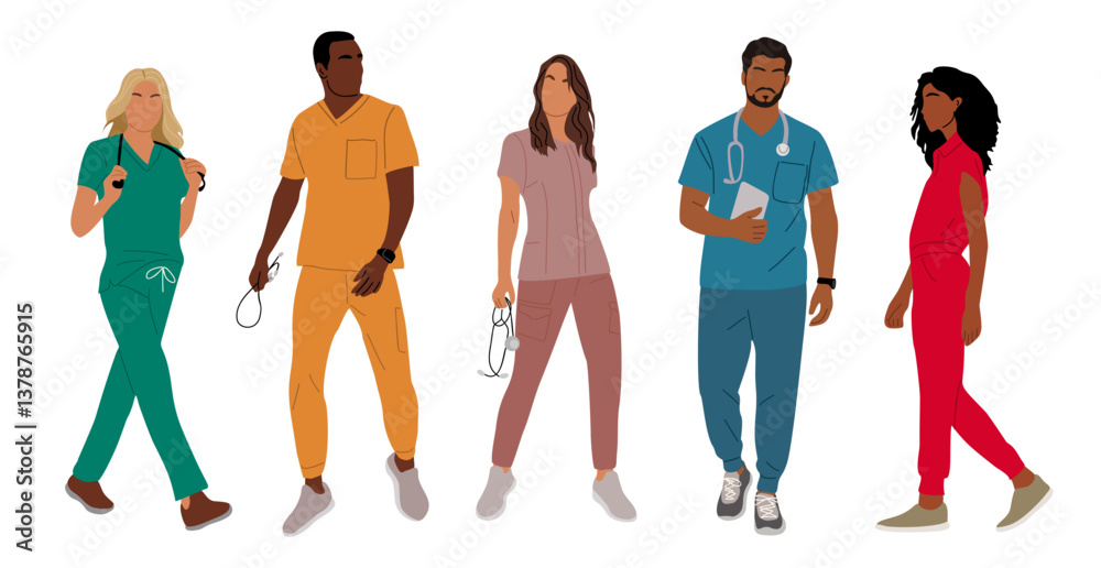 Fototapeta premium Set of doctors, nurses, paramedics. Multiracial, multicultural team of medic workers in uniform scrubs. Flat cartoon vector illustration isolated
